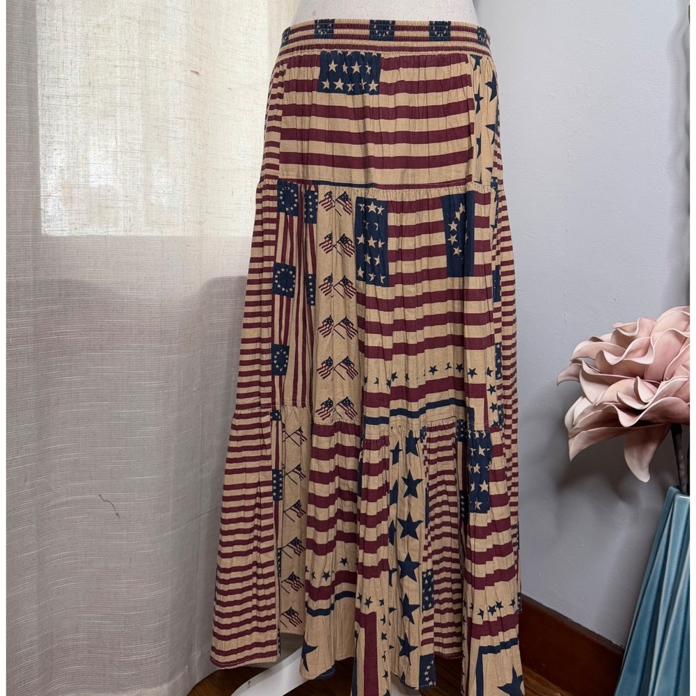 Vintage Orvis Maxi Skirt American Flag Tiered Stars Stripes USA Folk Art Large